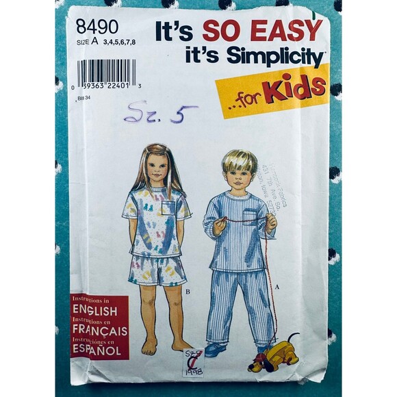Simplicity Pattern 8490 Sz 3-5 Child Pajamas PJs Rib Knit Collar Unisex *READ* - Picture 1 of 2